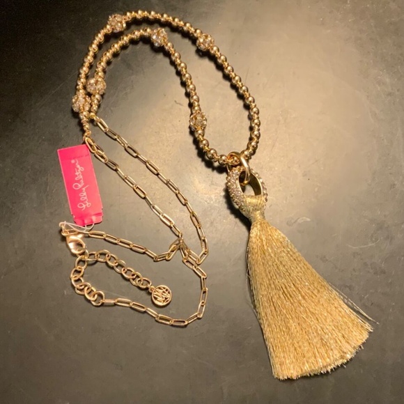 Lilly Pulitzer NWT CRYSTAL GOLD LINK TASSEL NECKLACE⭐️STUNNING NEW + Lilly POUCH - Picture 4 of 16